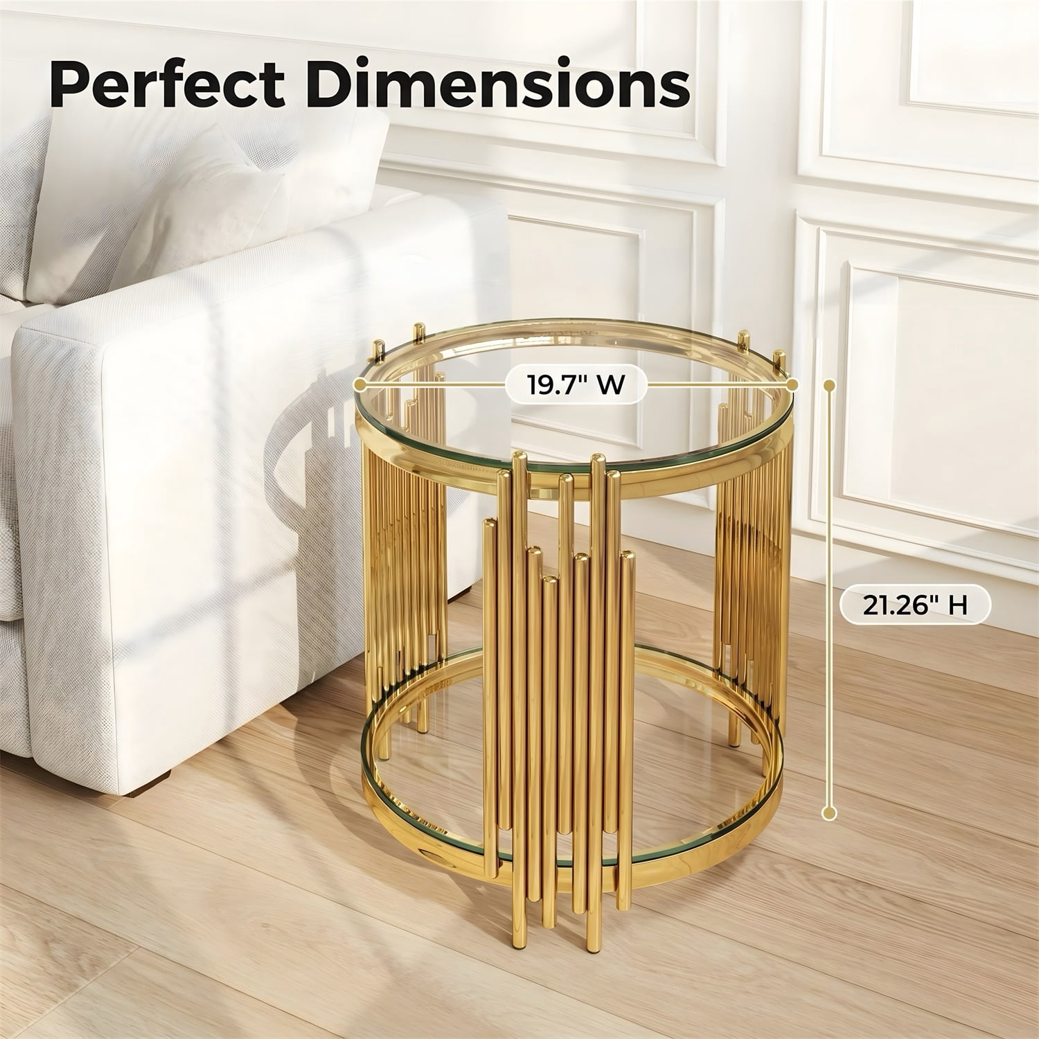 Hommoo 19.7 Inch Round Clear Glass End Table, 2-Tier Modern Luxury Side Table with Stainless Steel Organ-Pipe Base, Tempered Glass Top for Living Room, Bedroom & Home Office, Gold