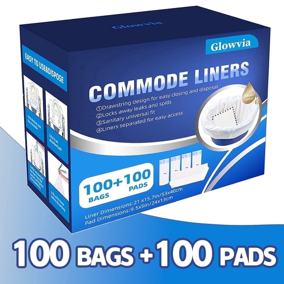 Glowvia 100 Count Commode Liners with 100 Count Absorbent Pad，100 pack Disposable Bags,Disposable Bedside Commode Liners，Potty Liners for Standard Toilet Chair Buckets and Portable Potty