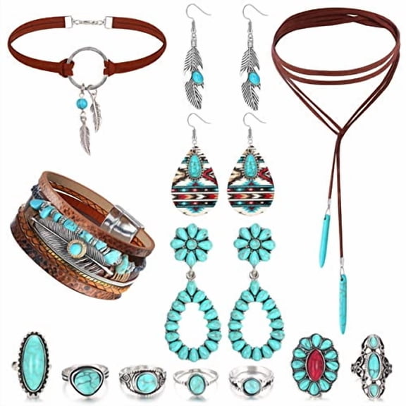 Western Bohemian Jewelry Set for Women - Turquoise Faux Leather Cuff Bracelet, Pendant Choker Necklace, Hoop Dangle Earrings, and Joint Knuckle Rings