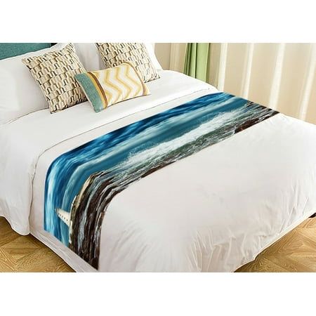Bed Scarves GCKG Nautical Beach Bed Runner, Lighthouse Ocean Wave Rocky Beautiful Scene Bed Runners Scarves Bed Decoration 20x95 inch ()
