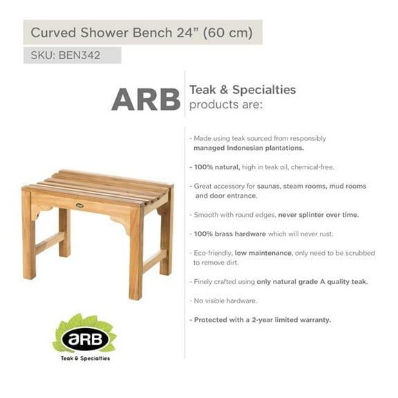 ARB TEAK & SPECIALTIES BEN342 Teak Shower Bench Curved 24' (60 cm)