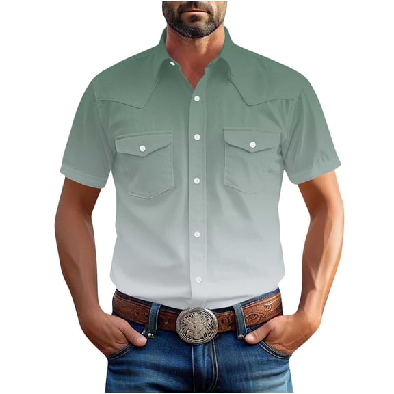 Mens Hawaiian Gradient Shirts Button Up Short Sleeve Beach Shirts Casual Turndown Collar Blouse Shirt