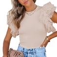 thumbnail image 3 of Camiseta de manga corta para mujer, cuello redondo, corte ajustado, costura de encaje, Top de verano para citas, compras, albaricoque M, 3 of 5
