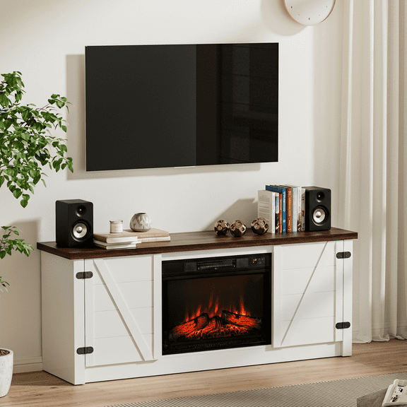 MARNUR Electric Fireplace TV Stand for TVs up to 65", Farmhouse Entertainment Center with 2 Doors, Rustic Wood, White