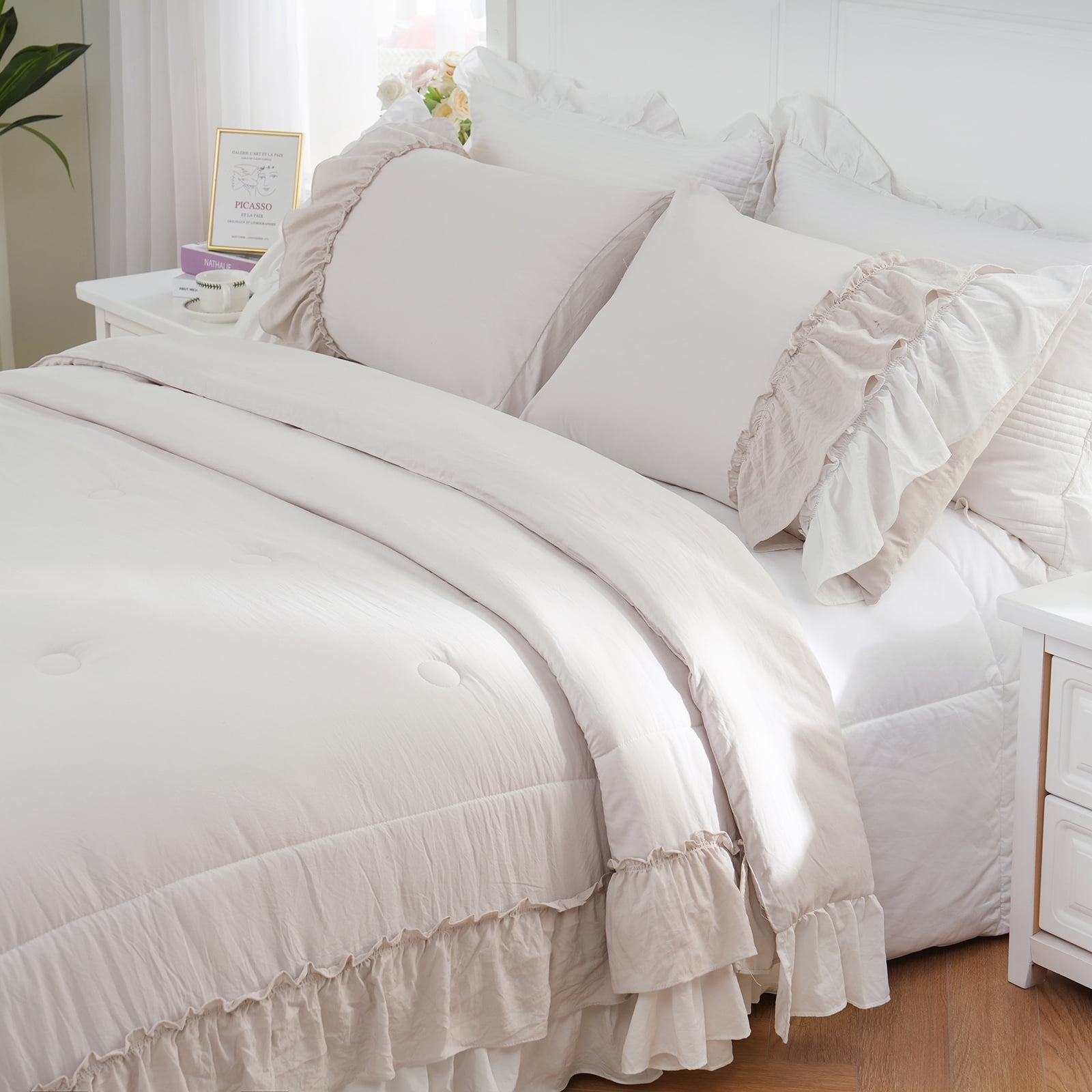 Move Over Beige Grey Ruffle Comforter Set Queen Boho Bedding Sets 2 Layers Beige White Long Ruffled Pattern Microfiber Filling Farmhouse Duvet