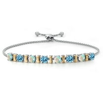 Gem Stone King 925 Silver and 10K Yellow Gold Simulated White Opal and Swiss Blue Topaz Bracelet for Women | 2.42 Cttw | Gemstone October Birthstone | Round Cabochon 4MM | Adjustable up to 9 inch