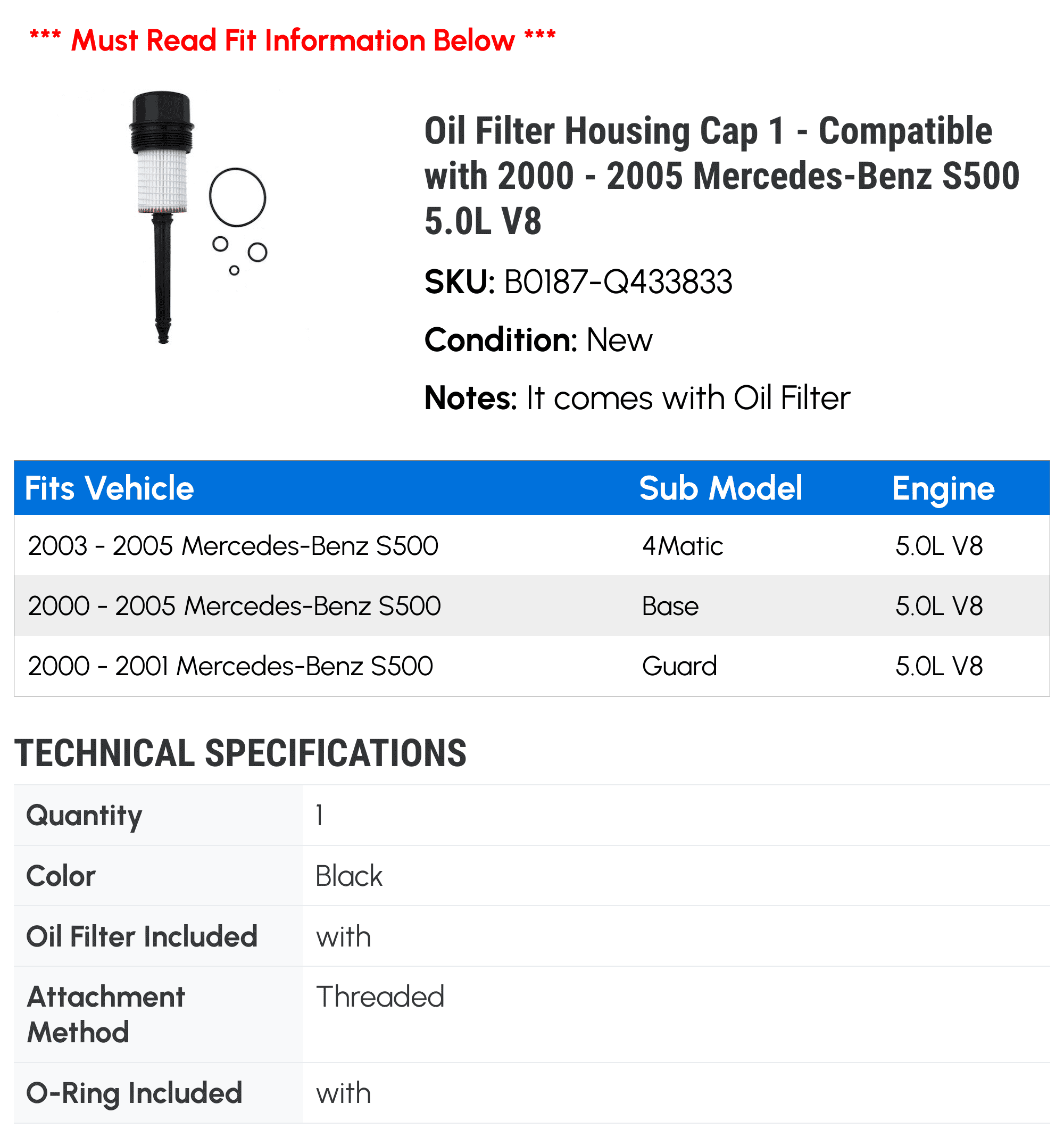 Oil Filter Housing Cap 1 - Compatible with 2000 - 2005 Mercedes-Benz S500 5.0L V8 - Autopart Premium