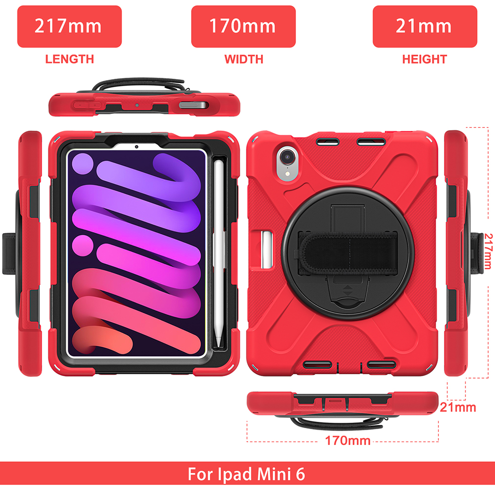 For Apple iPad Mini 6 (2021) Heavy Duty Rugged Hybrid with Kickstand, Shoulder Hand Strap, Pencil Holder Shockproof Full Protective Cover ,Xpm Phone Case [Red]