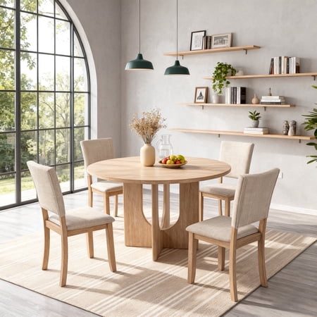Leovanni Modern 47 5-Piece Solid Wood Round Dining Table Set with 4 Upholstered Chairs Pedestal Base Kitchen & Dining Room Set Natural