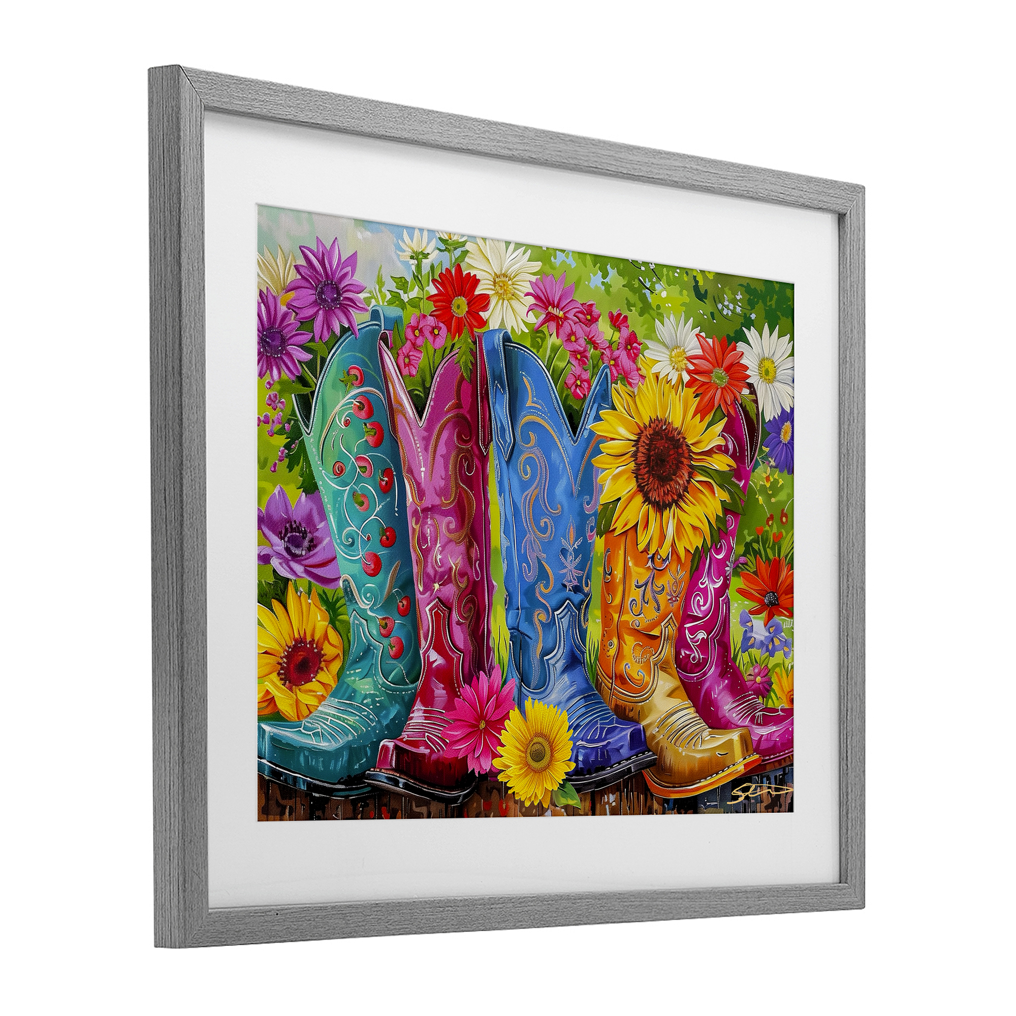 Cowboy Boots and Sunflowers Gray Framed Print Under Glass, design by Shawna Stewart