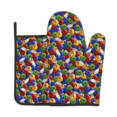 

Xecao Bowling Colorful Pattern Oven Mitts and Pot Holders Sets Heat Resistant Silicone Oven Mittens Extra Thicken Long Kitchen Cotton Oven Glove for Cooking