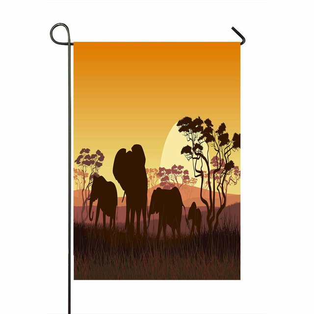 ABPHQTO Horizontal de elefantes salvajes en árboles africanos al atardecer hogar exterior jardín bandera casa Banner 70x100 cm