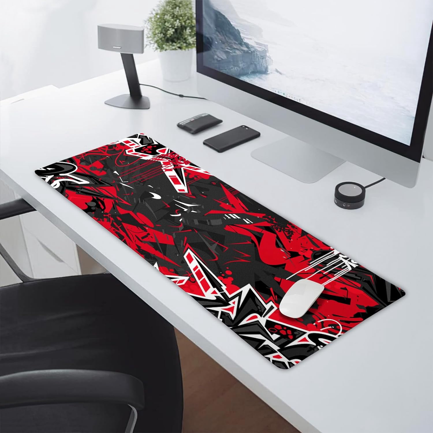 Black Red Gaming Mouse Pad XL Abstract Graffiti Geometric Cool Extended Big Large Desk Mat Non-Slip Rubber Base Stitched Edge Long Keyboard Mousepad for PC Computer Laptop,31.5×11.8 in