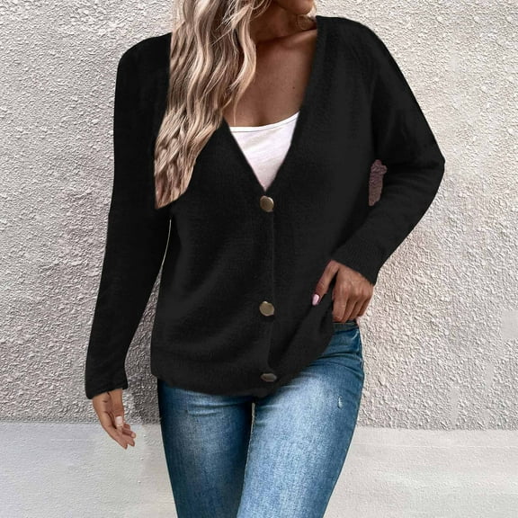Jacenvly Womens Cardigan Sweaters Long Sleeve Solid Knit Fall Coats For Women Soft Warm Regular Tops Loose Casual Button Jacket Blouse