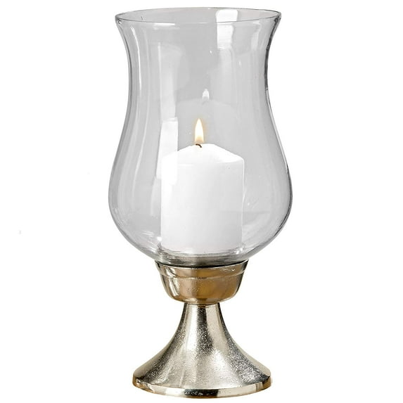Tulip Top Hurricane Candle Stick Holder With Belly Curve Glass Sleeve, Silver Aluminum Nickel, 10.5 Inches Tall