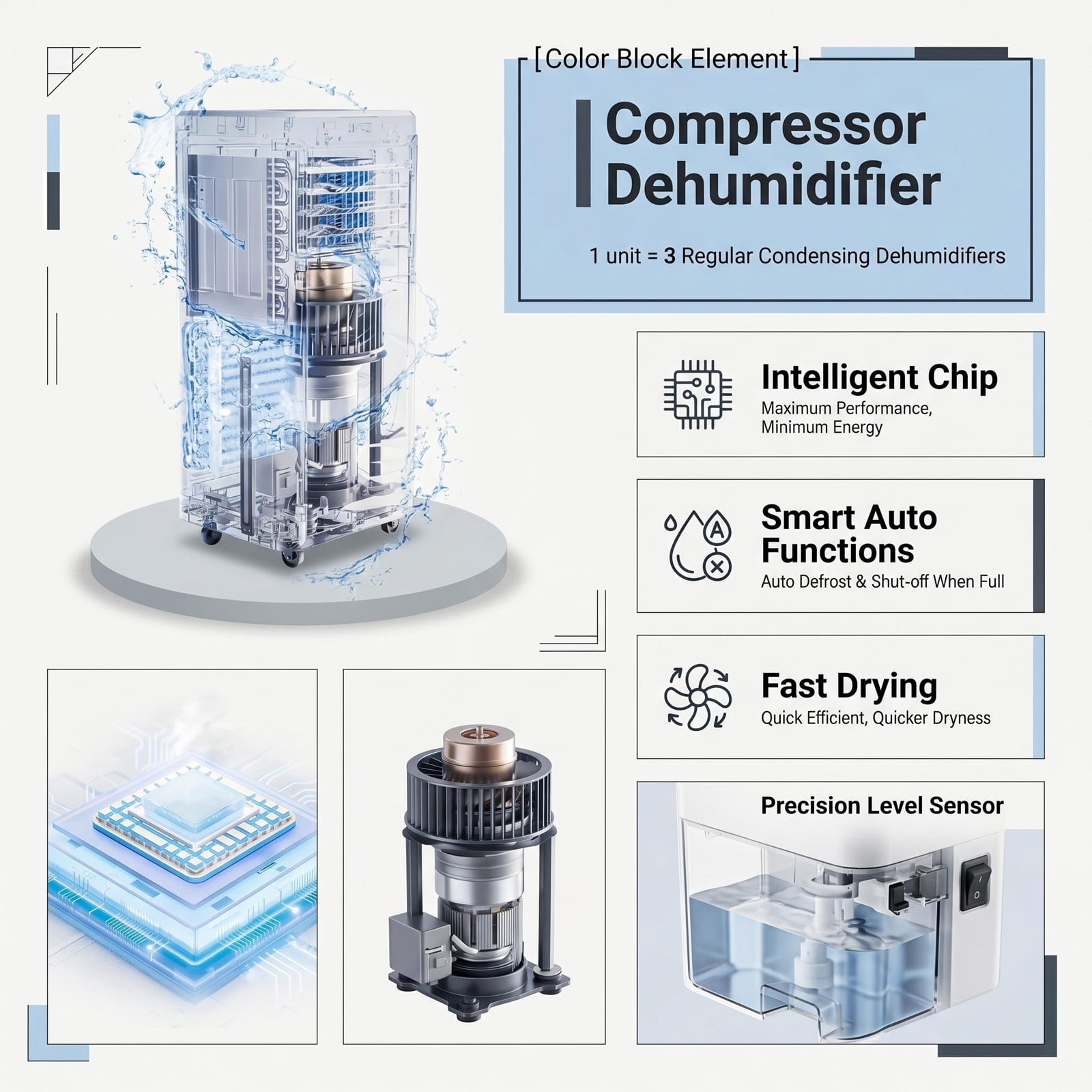 4500 Sq Ft Dehumidifier 100 Pint Smart Compressor Drain Hose Quiet for Basement