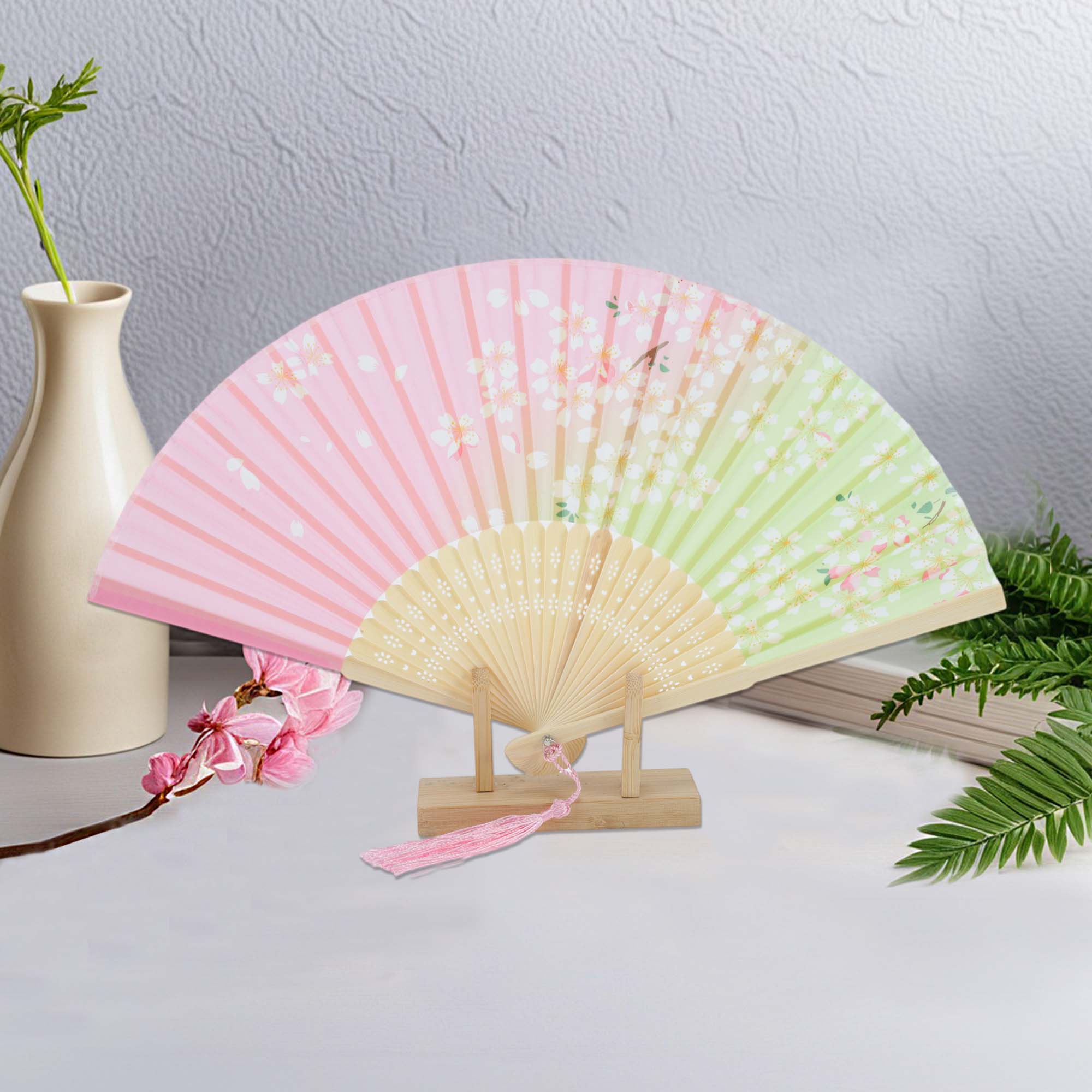 Unique Bargains Ancient Style Folding Fan 1Pc Pink Green [Floral Style]