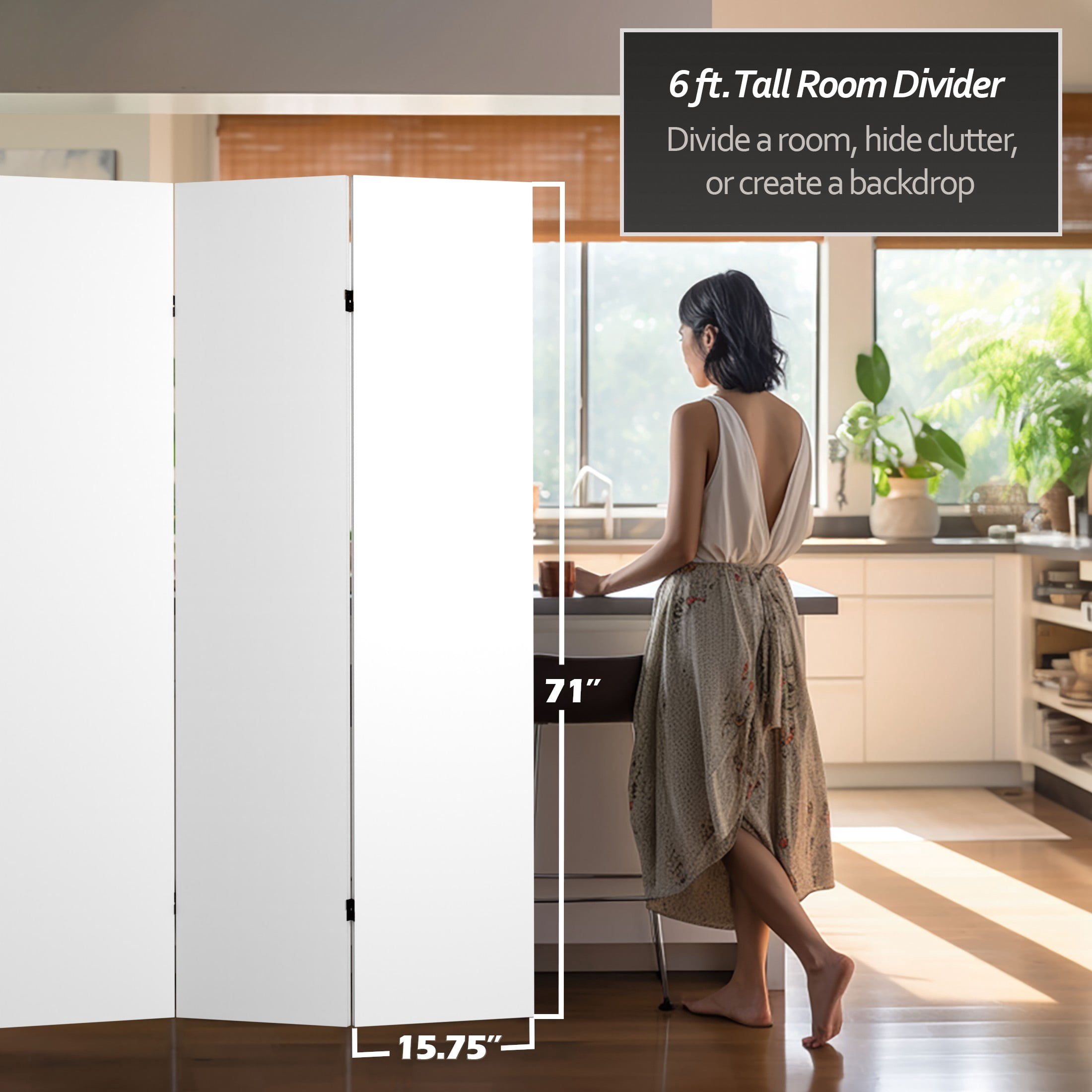 6 ft. Tall 6 Panel Freestanding White Canvas Screen Room Divider with Spruce Frame
