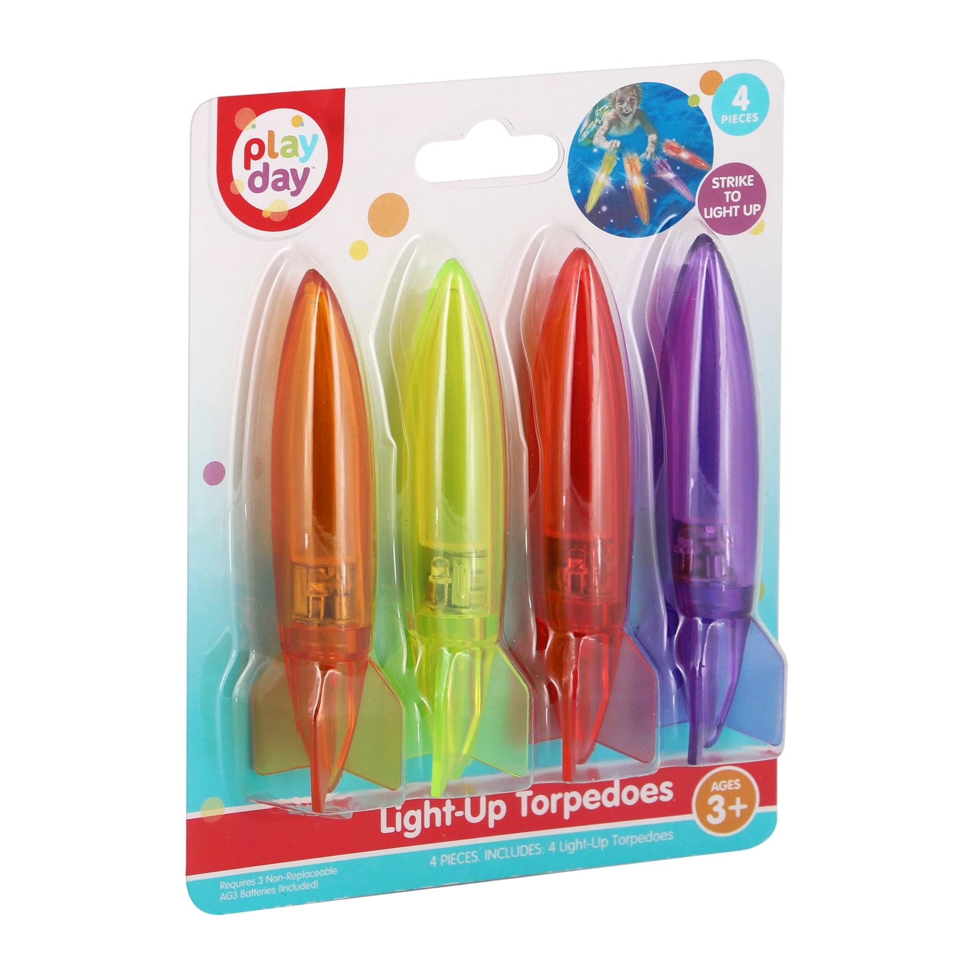 Play Day Light-Up Torpedoes 4-Pack Kids Pool Underwater Dive Toys Summer Family Fun, Ages 3+