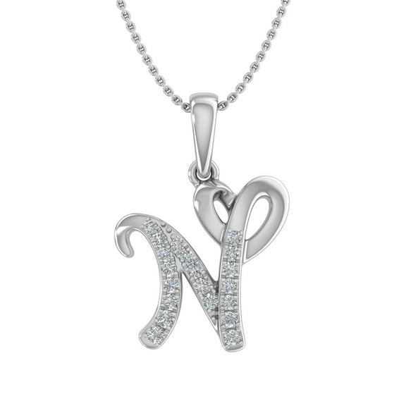1/10 ctw Heart Diamond N Initial Letter Pendant Necklace in 10K White Gold (with Silver Chain)