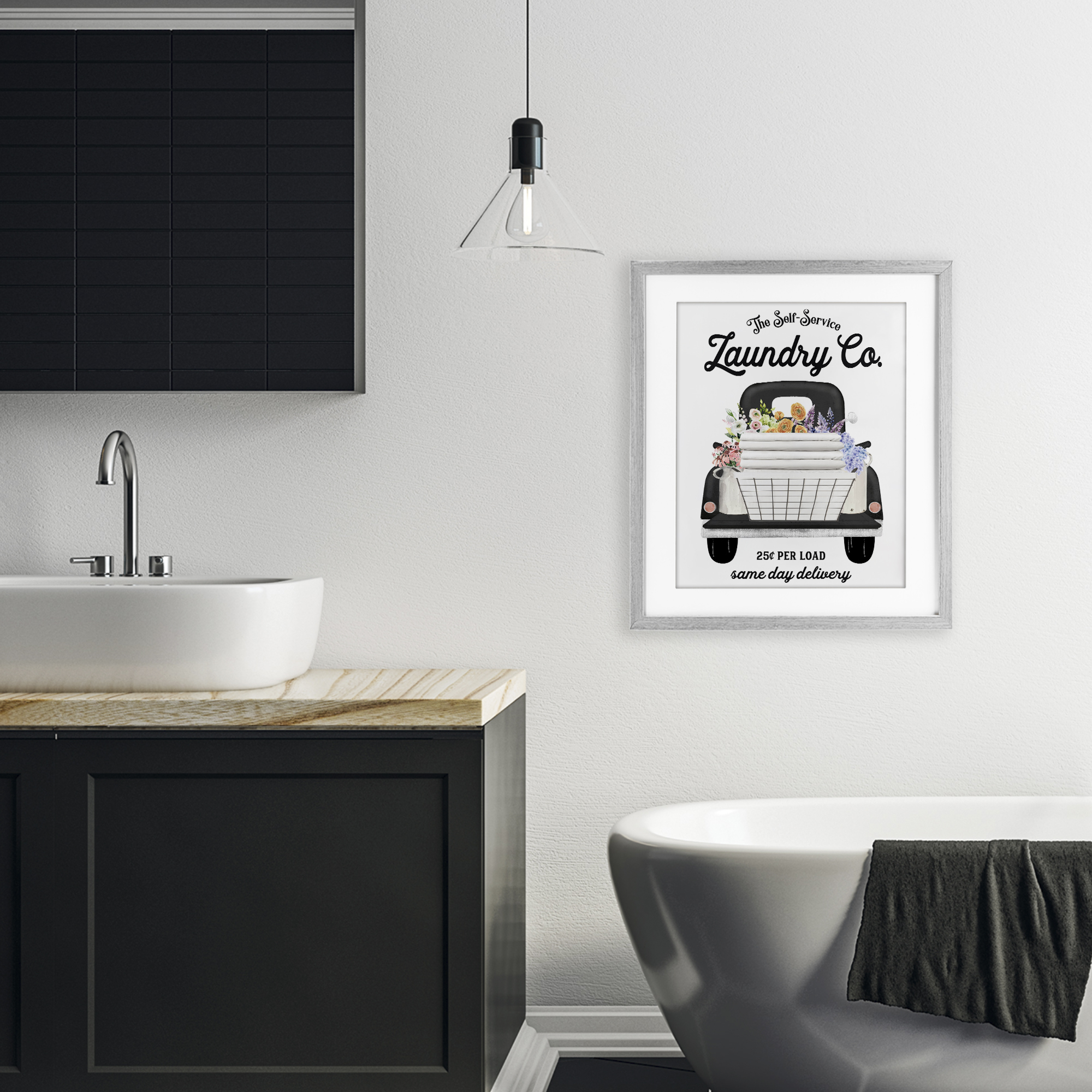 Laundry Service Truck Gray Framed Print Under Glass, design by Lettered and Lined