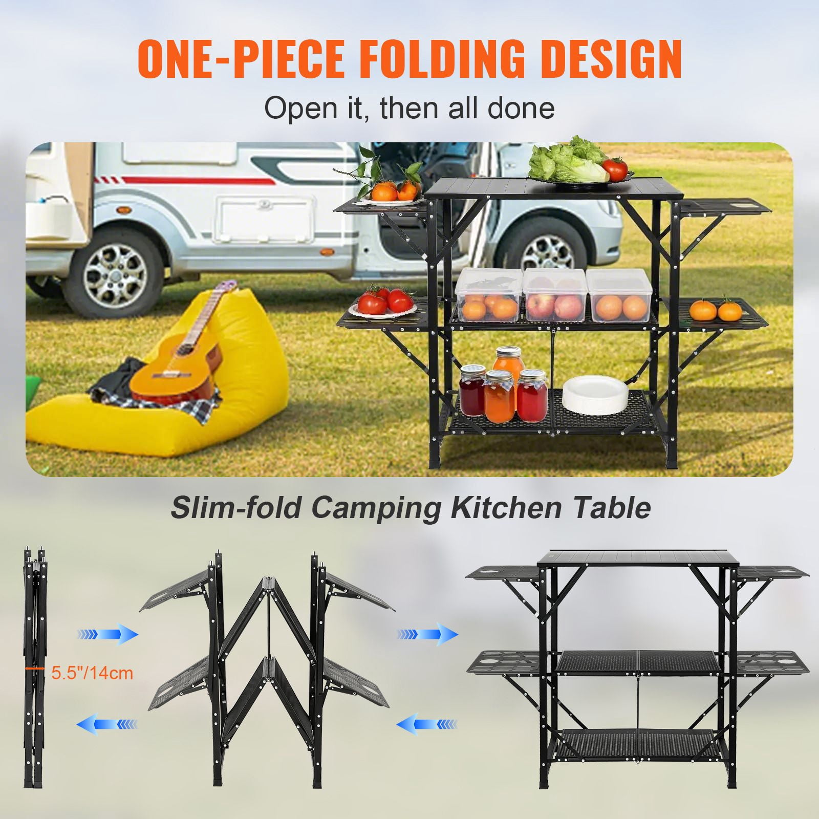 Camping Kitchen Table, One-piece Folding Portable Cook Station with Carrying Bag, Aluminum Camping Table 4 Iron Side Tables & 2 Shelves, Ideal for Outdoor Picnics, BBQs, Camping, RV Traveling