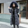 thumbnail image 4 of Winter Women Jacket Furry Hood Long Sleeves Pockets Knee Length Zipper And Button Closure Slim Waist Cotton Coat Mid Length Solid Color Windproof Warm Coat, 4 of 8
