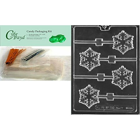 CybrTrayd C468 Frozen Snowflake Lolly Chocolate Candy Mold with 50 4.5-Inch Lollipop Sticks, Clear