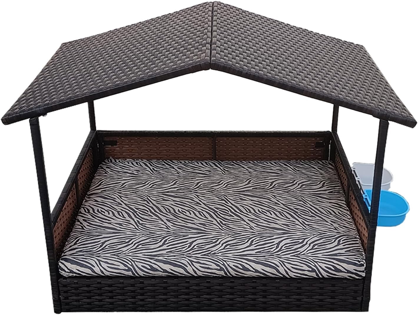 Outdoor Wicker Dog House with Canopy, Rattan Outside Dog Shelter with Removable Cushion Lounge, Washable Cover, Dog Bowl, Elevated Raised Rattan Dog Bed for Small to Medium Dogs & Cats