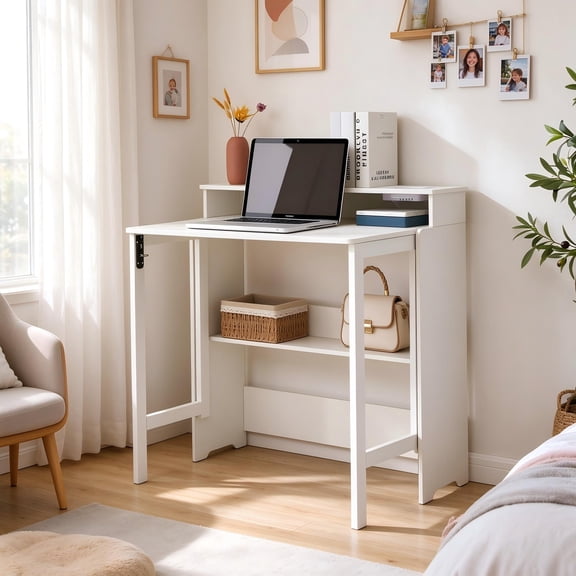 Haooyeah Fold Out Desk with Power Outlets, Small Space-Saving Foldable Desk with Storage Shelf, Hidden Wall Desk for Bedroom, Living Room & Office, White