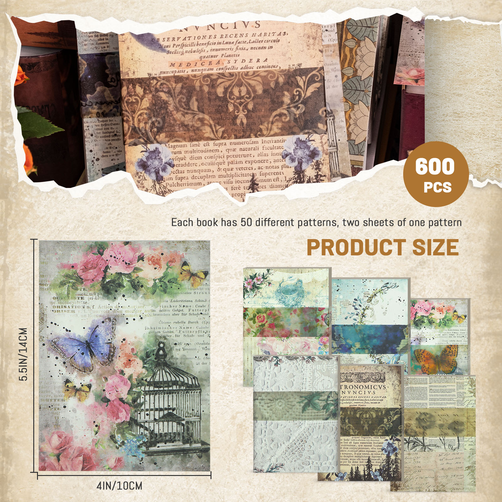 Sekonow 600 Sheets Scrapbook Paper, Vintage Scrapbooking Supplies for Journaling Junk Journal Craft Decoupage Paper, Wall Collage Kit Cottagecore Aesthetic Room Decor Vintage Decor, Style B