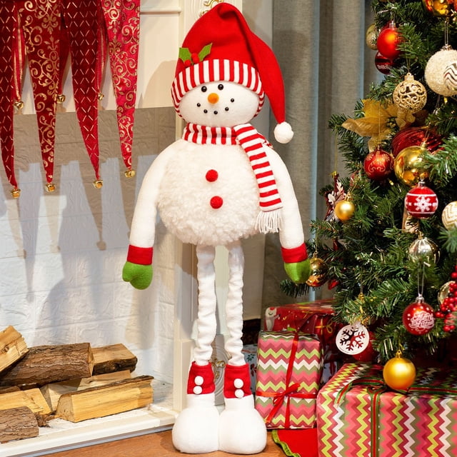 Christmas Snowman Figurine With Red Santa Hat Adorable Fabric Decoration For Holiday