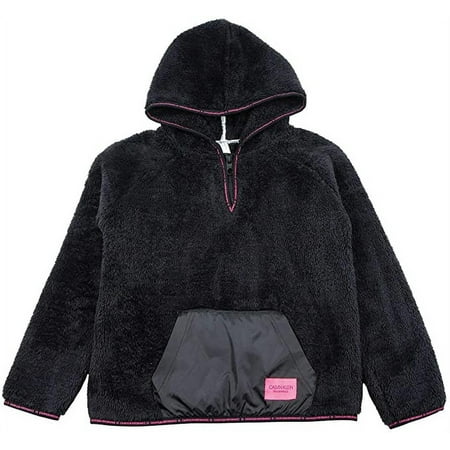 Calvin Klein Youth Fleece Lined Faux Fur Pullover Hoodie, Black, Small 7/8 - NEW