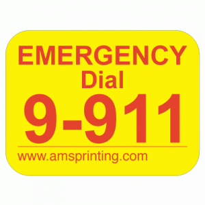 Emergency 911 Phone Stickers, Laminated Stickers on Yellow Gloss with Red Ink. Permanent and Self-adhesive labels. Label Size: 1"(w) x 3/4"(h)