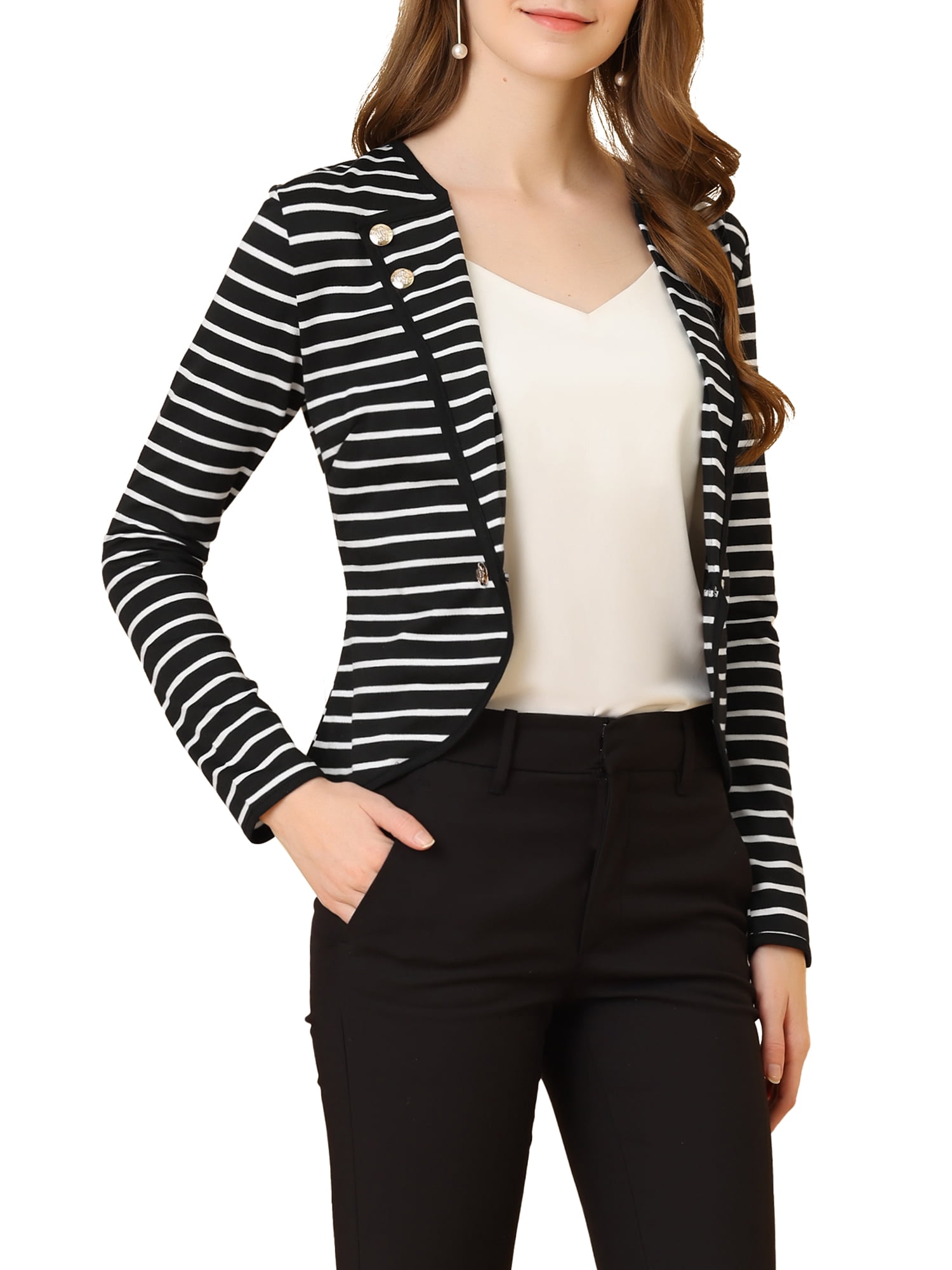 Women's Notched Lapel Button Decor Thin Striped Blazer L Black - image 5