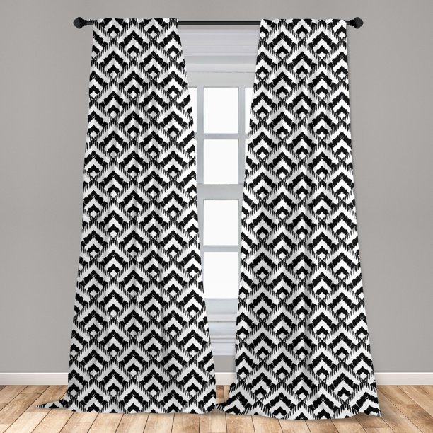 Black and White Curtains 2 Panels Set, Hand Drawn Herringbone Lines