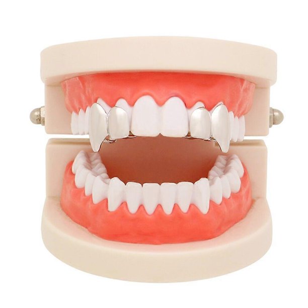 Juego de 2 parrillas para dientes de hip hop para hombre, color dorado y plateado, con colmillos de vampiro, tapas dobles para parrillas de rapero, joyería de moda para dientes, color plateado