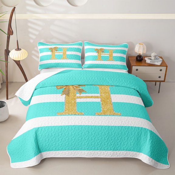 Erosebridal Bowknot Initial H Twin Quilt Set for Girls, Abstract Ombre Twin Coverlet Set, 2-Piece