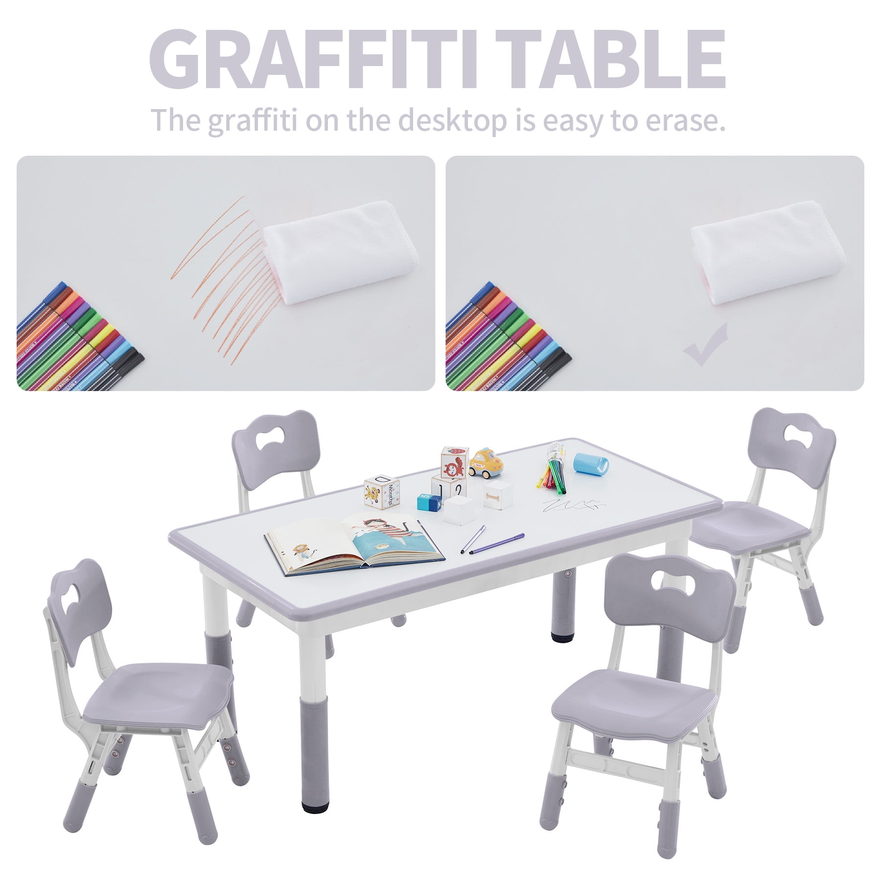 DOREROOM Toddler Table and Chairs Set for 4, 47.2''L x 23.6''W Kids Study Table and Chair Set, Height-Adjustable, Graffiti Desktop, Children Activity Table for Daycare, Classroom, Home