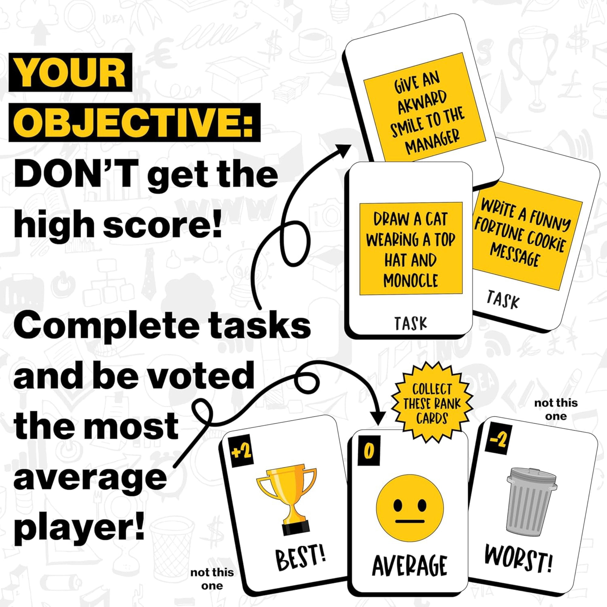 CratedWithLove: Average Performers - Family Party Game, Fun Performance Game, High Score Loses, Tasks-Advantages-Voting-Ranking, Ages 10+, 4-8 Players