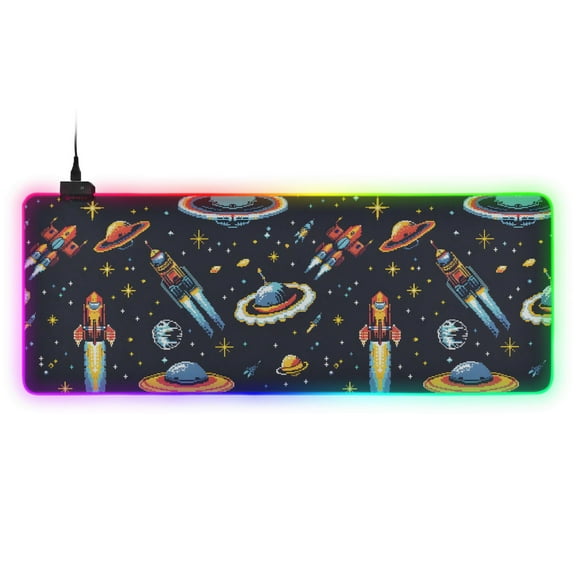 Large RGB Gaming Mouse Pad Led Glowing Mousepad Non-Slip Rubber Base 13 Light Modes 31.5x11.8 Ufo Spaceships Star
