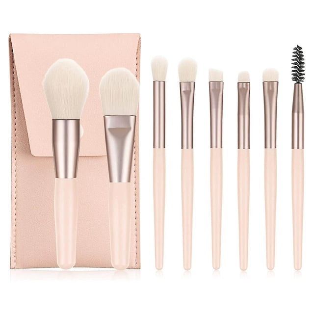 Juego de brochas de maquillaje para polvo, contorno, rubor, resaltador, sombra de ojos, cejas, corrector, brocha para rímel, brocha de maquillaje sintética premium con bolsa, juego de 8, rosa