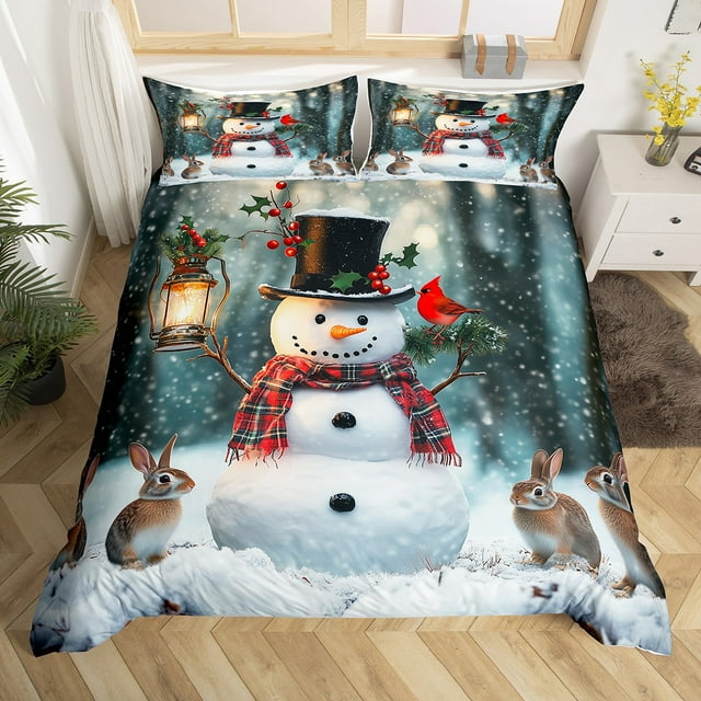 Xmas Snowman Duvet Cover Set Cute Rabbit Comforter Cover,Merry Christmas King Bedding Set,Xmas Snowflake Bed Set Cartoon Christmas Decorations(No Comforter)