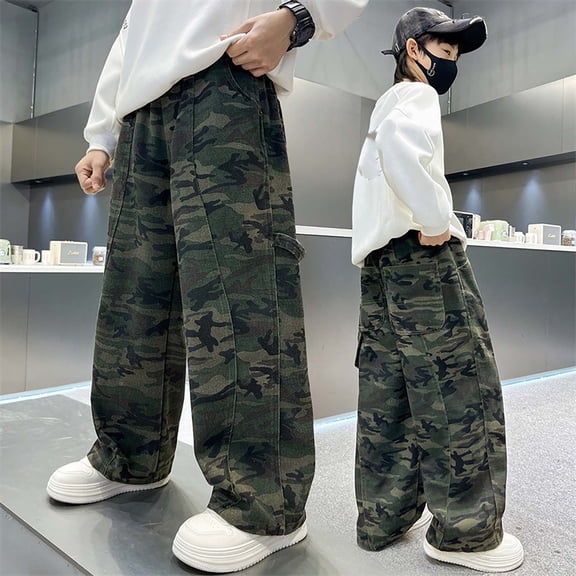 ZHOGXU Kids Boys Girls Cargo Denim Pants Elastic Waist Wide Leg Print Lightweight Loose Fit Trousers With Pockets For Casual Daily Wear,,4-5 Years