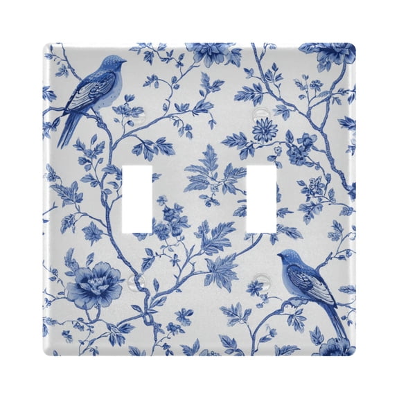 Birds Flowers Blue Ink Painting Light Switch Cover Electrical Outlet Cover Replaceable Wall Plates 2-Gang