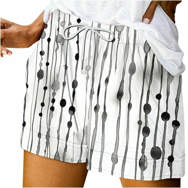 Pantalones Cortos Sueltos para Mujeres de Verano Impreso Encaje Hasta Bolsillo Elástico Pantalones Cortos Casuales Poliéster, Moda Pantalones Cortos de Verano para Uso Diario Y de Ocio