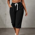 thumbnail image 2 of Ruimatai Women Capri Cropped Pants High Waist Drawstring Elastic Waistband Side Pockets Ribbed Textured Loose Casual Summer Trousers, 2 of 9