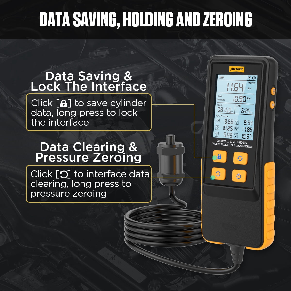 AUTOOL PT610 Digital Cylinder Compression Pressure Tester, 0-426PSI 0~29bar Auto Petrol Engine Gauge Tool Kit with Adapters & Hoses