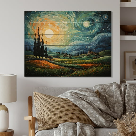 Designart "The Swaying Cypress A Van Gogh-Inspired Artwork II" Vangogh Print on Natural Pine Wood