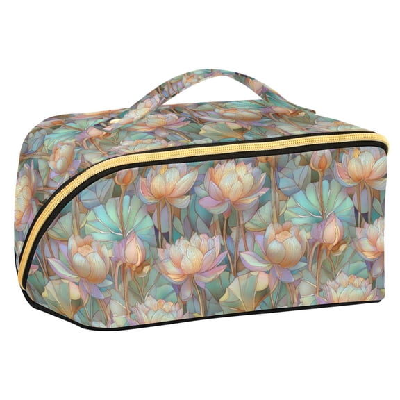 FORMRS Makeup Bag Travel Cosmetic Organizer for Women Fold Flat Zipper Pouch with Handle, Colorful Water Lilies Pattern